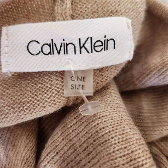 Calvin Klein osfm knit shadow stripe neutral tan shawl throw on lightweight blan - Picture 6 of 7